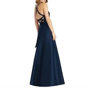ALFRED SUNG Navy Blue Satin Dress with Lace-Up Back